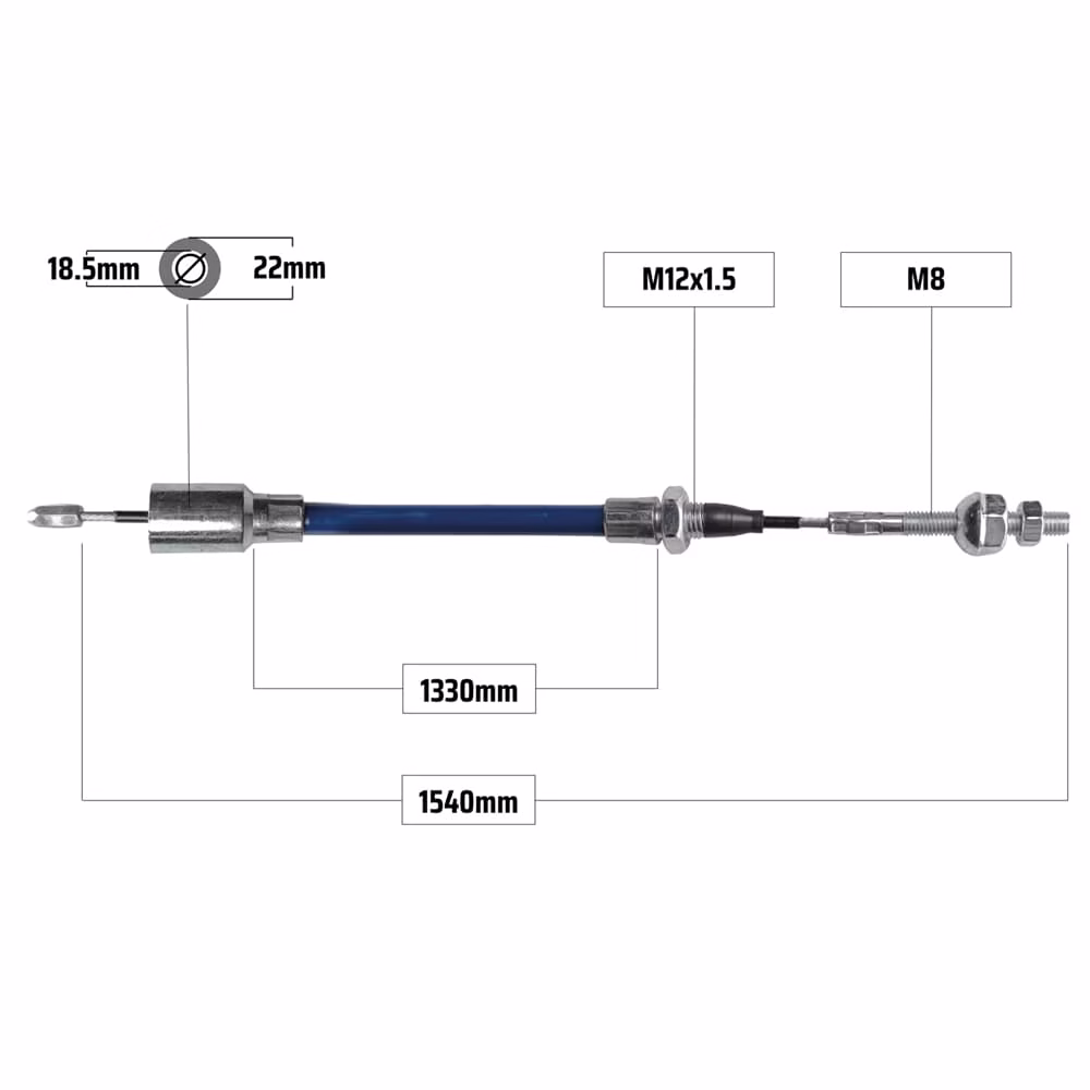 Cablu frână pentru KNOTT 1540/1330 mm – capăt tip clopot Ø18,5/22 mm + filet M8, NB Parts