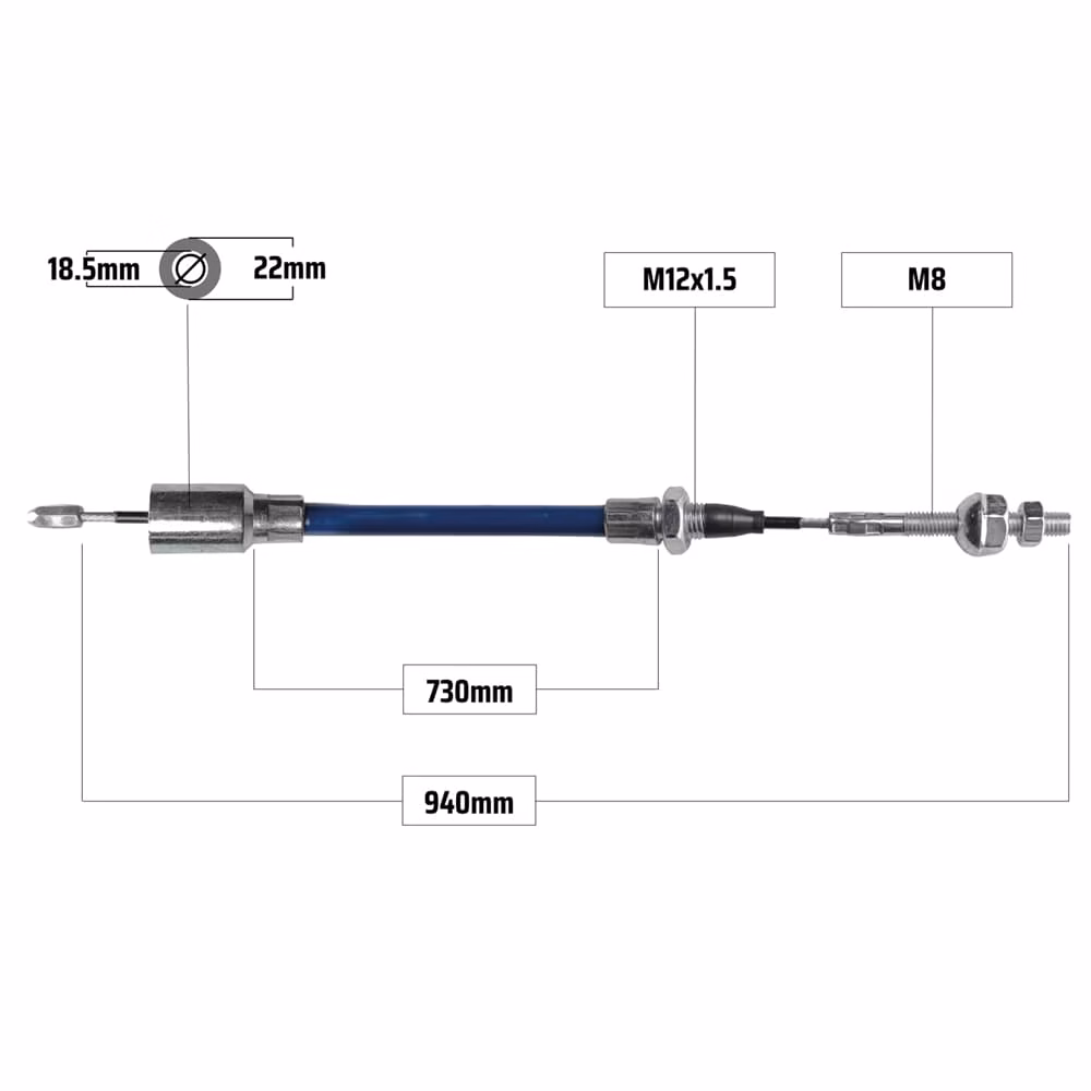 Cablu frână pentru KNOTT 940/730 mm – capăt tip clopot Ø18,5/22 mm + filet M8, NB Parts