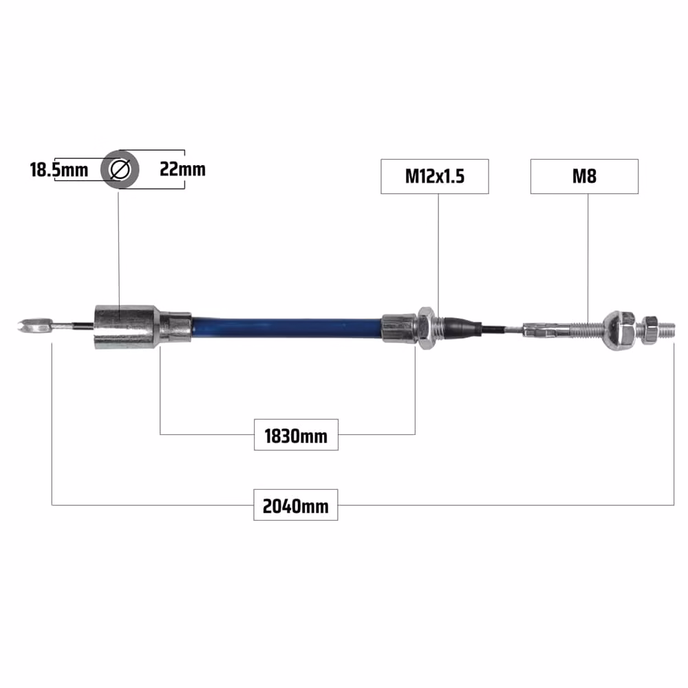 Cablu frână pentru KNOTT 2040/1830 mm – capăt tip clopot Ø18,5/22 mm + filet M8, NB Parts
